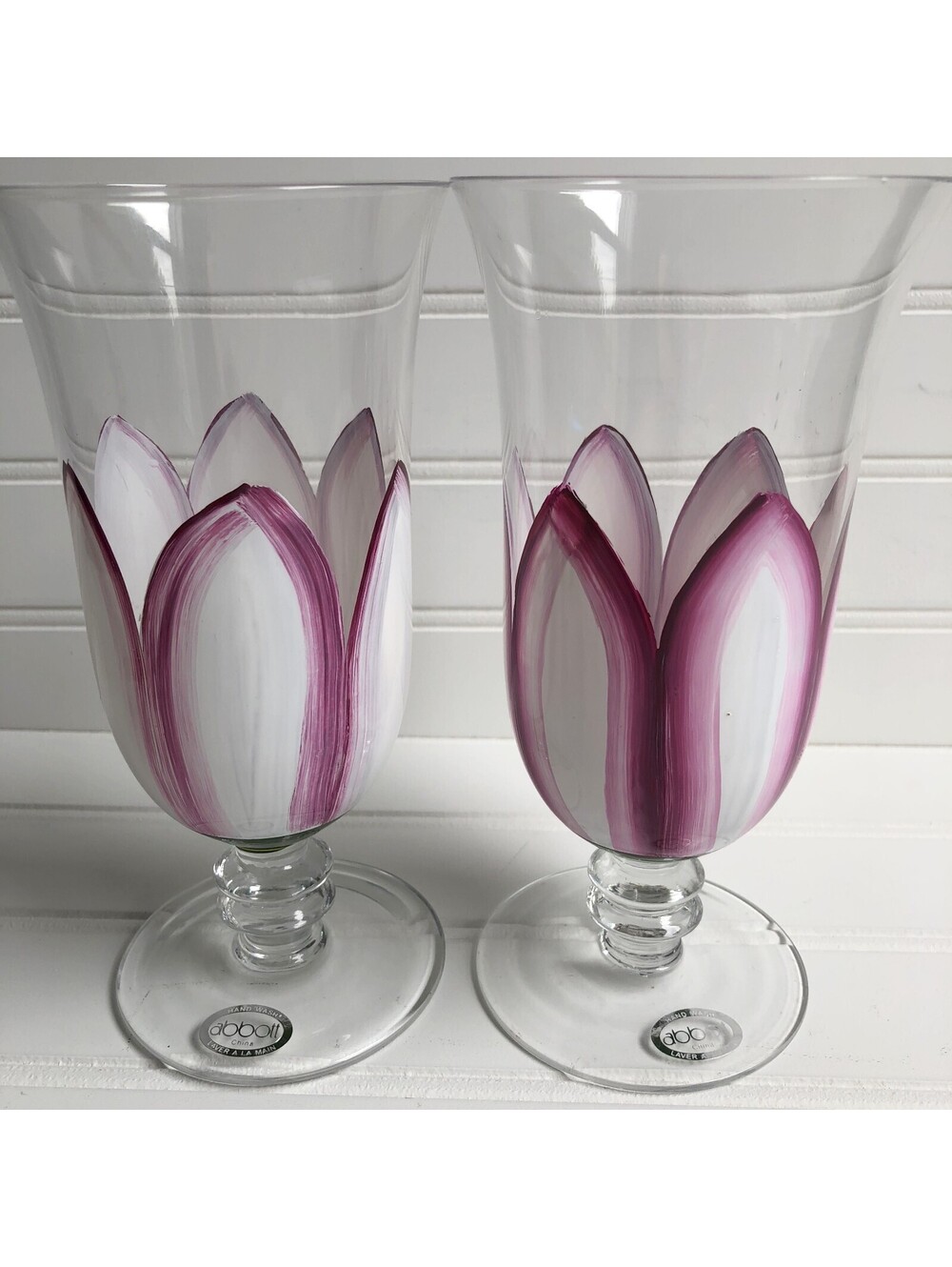 2 Pink Flower Petals Footed Glass Goblets Hand Painted Abbott 7 inch